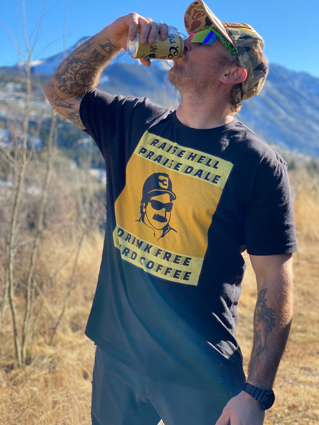 Raise Hell Praise Dale Shirt, Weekend Drinking Shirt, Short sleeve Black shirt with our Raise Hell Praise Dale, Drink Free Bird Coffee, Best Damn Coffee in the World   