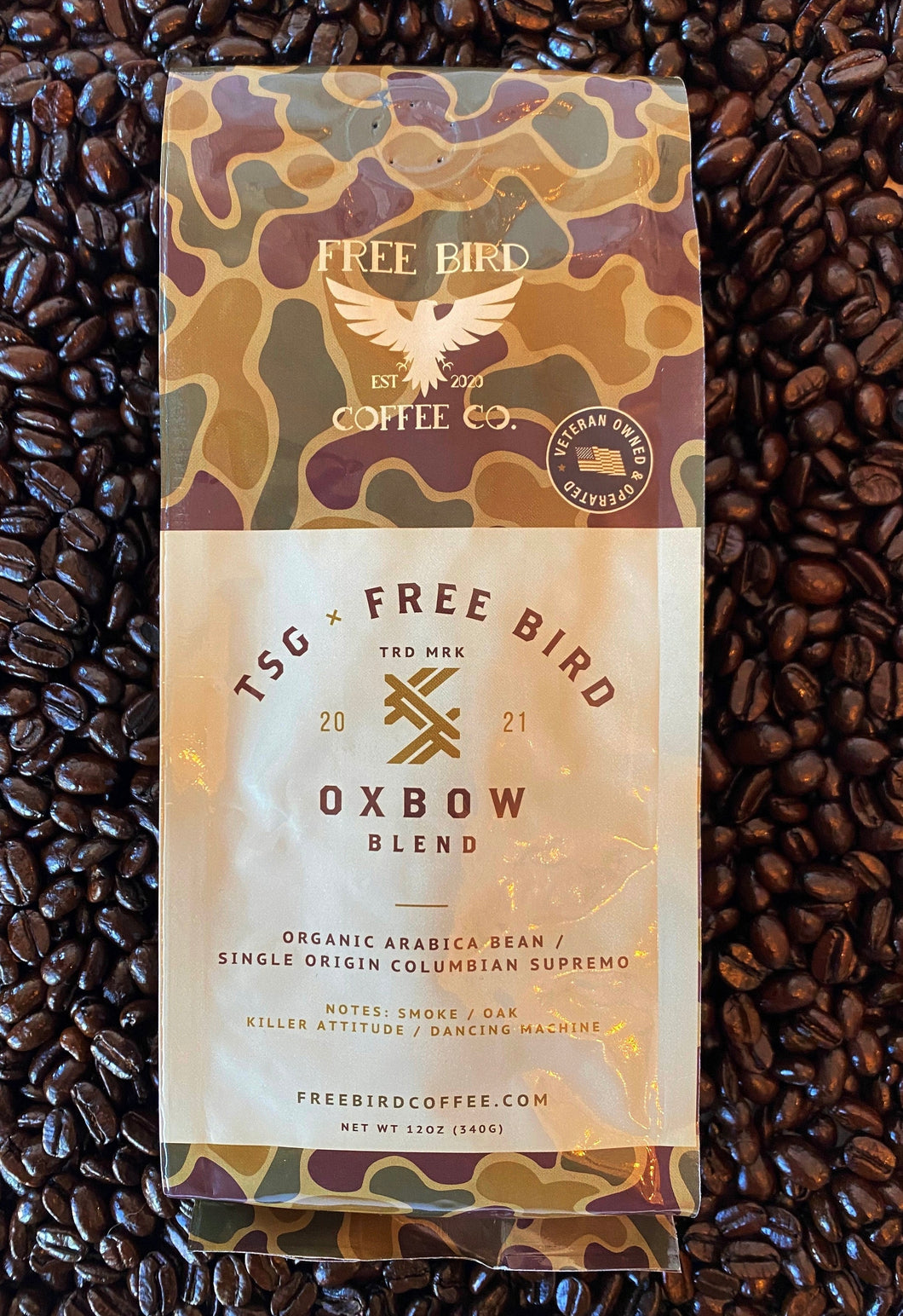Colombian Roast, 100% Organic, Single Origin, Rain forest alliance certified mold free, this bag comes in our partners The Sporting Gent in North Carolina's custom Oxbow Camo, this is the best damn coffee in the world