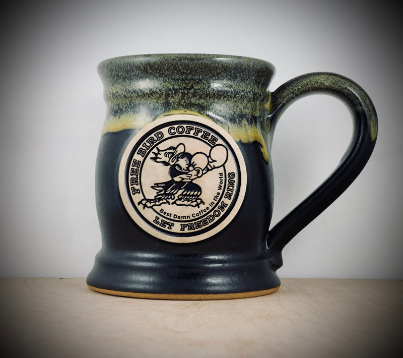 Handmade coffee mug, Best Damn Coffee in the World logo, fighting free bird logo, 15 ounce clay mug, 15 ounce handmade mug, matte balck color with gloss gold rim